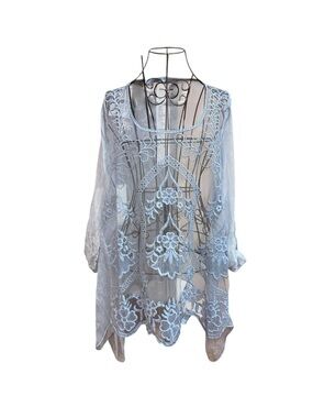 Sheer Pale Blue Embroidered Tunic Top